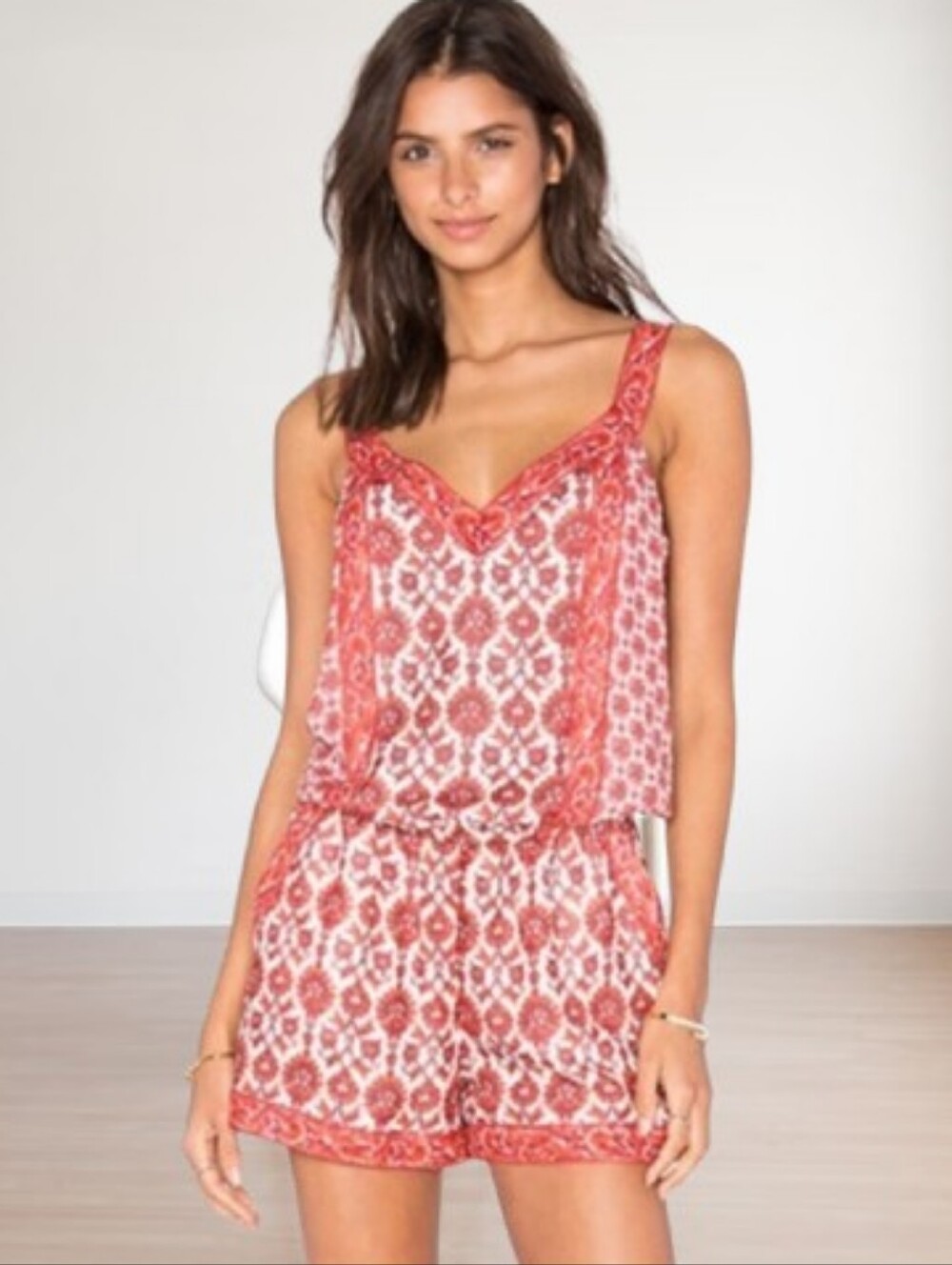 Joie Sophy V Neck Sleeveless Romper Red White Paisley Coral Floral Size Small